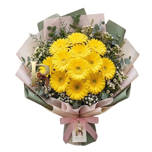 Ramo de 10 gerberas amarillas frescas en envoltorio fino en Santiago - Rosa Real