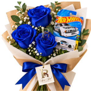 Ramo de 3 rosas azules con auto Hot Wheels de regalo