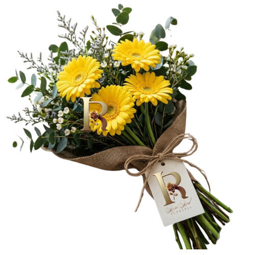 Ramo de 4 gerberas amarillas frescas en envoltorio fino en Santiago - Rosa Real