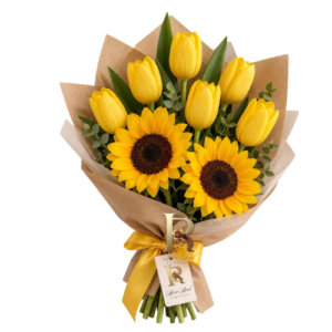 Florero de vidrio con 10 girasoles grandes, eucalipto y follaje de regalo.