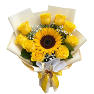 Ramo de 9 rosas amarillas y un girasol central con envoltorio de regalo.