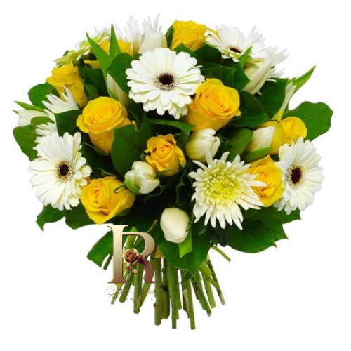 Ramo primaveral mixto con rosas amarillas gerberas y tulipanes blancos en Santiago - Rosa Real